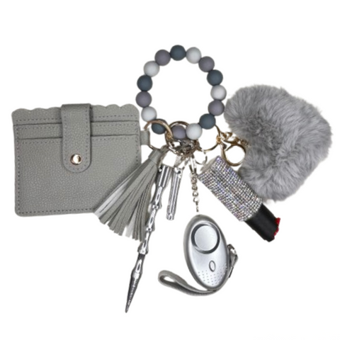 Grey Card Holder Beaded Self Defense Keychain