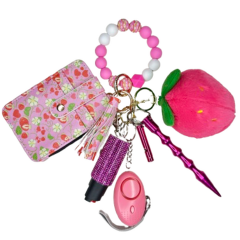 Pink Strawberry Card Holder Beaded Self Defense Keychain