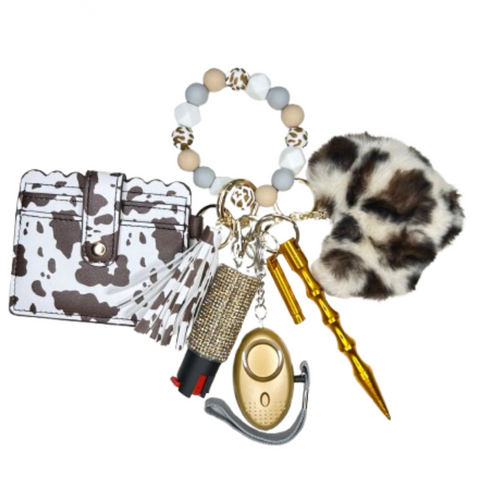 Brown Cow Card Holder Beaded Self Defense Keychain