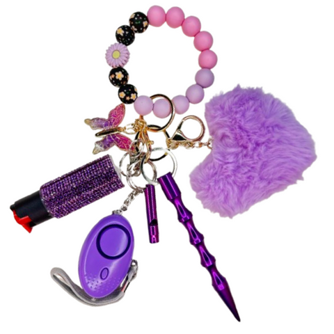 Purple Flower Butterfly Beaded Self Defense Keychain
