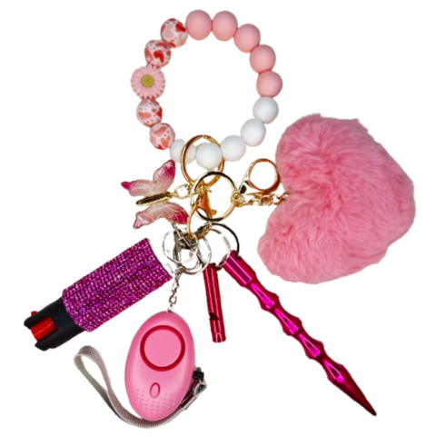 Pink Flower Butterfly Beaded Self Defense Keychain