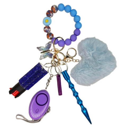 Blue & Purple Flower Butterfly Beaded Self Defense Keychain