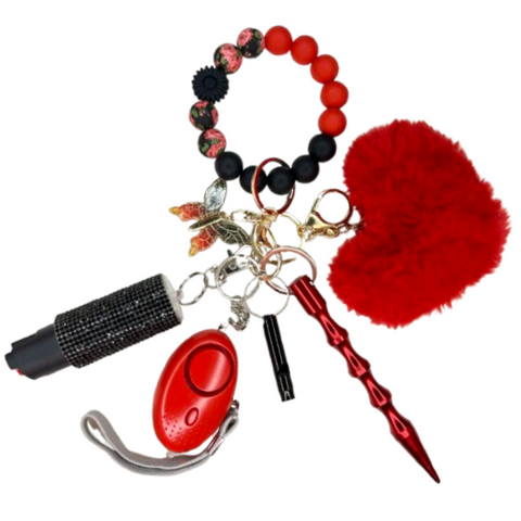 Red & Black Flower Butterfly Beaded Self Defense Keychain