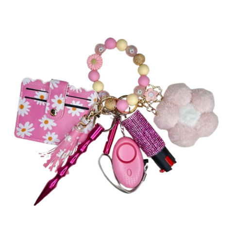 Pink Floral Daisy Card Holder Beaded Self Defense Keychain
