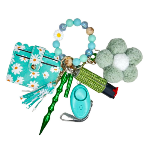 Green Floral Daisy Card Holder Beaded Self Defense Keychain