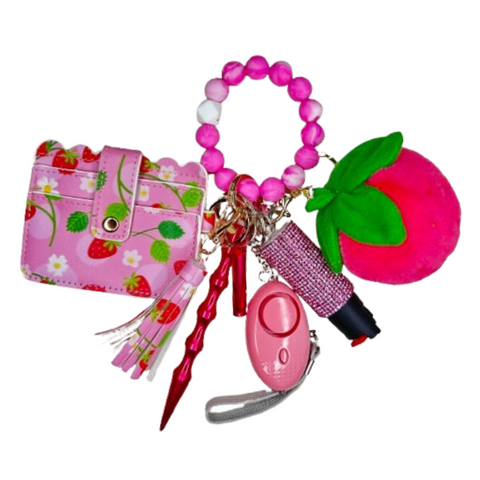 Pink Strawberry Card Holder Beaded Self Defense Keychain (Horizontal Wallet)
