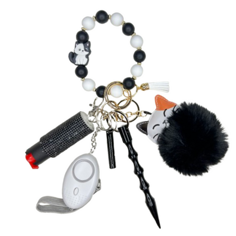 Black & White Cat Beaded Self Defense Keychain