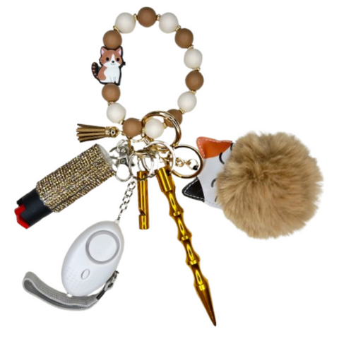 Brown & White Cat Beaded Self Defense Keychain