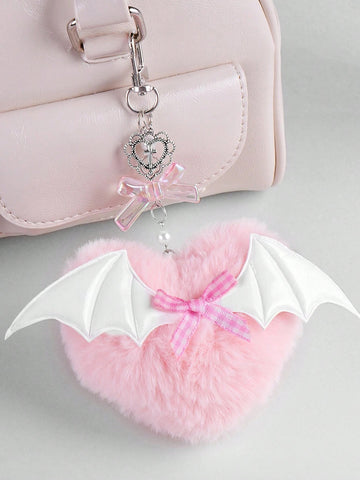 Pink wing heart Pom Pom keychain