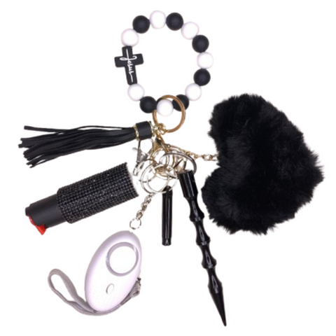 Black & White Jesus Cross Beaded Self Defense Keychain