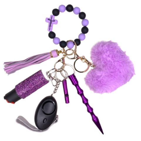 Purple & Black Jesus Cross Beaded Self Defense Keychain