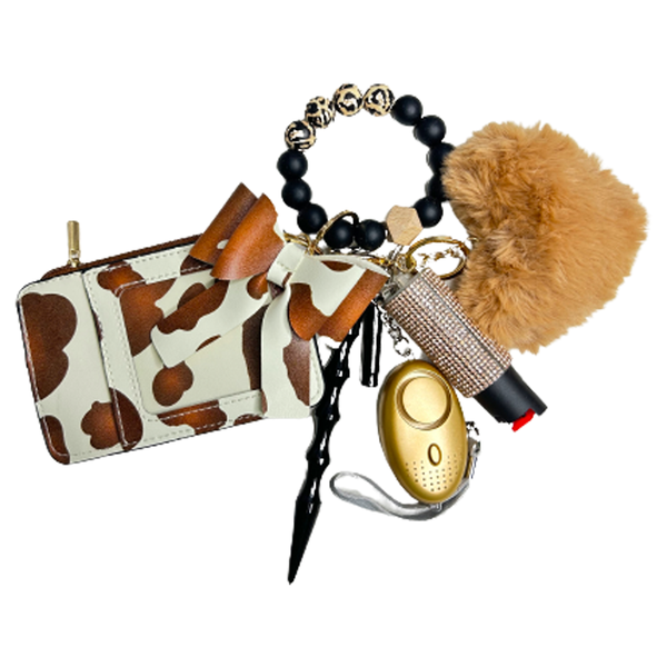 Brown Cow Print Bow Card Holder Beaded Self Defense Keychain Defense Queens