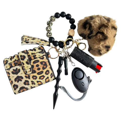 Leopard Card Holder Beaded Self Defense Keychain (Design Print May Vary)