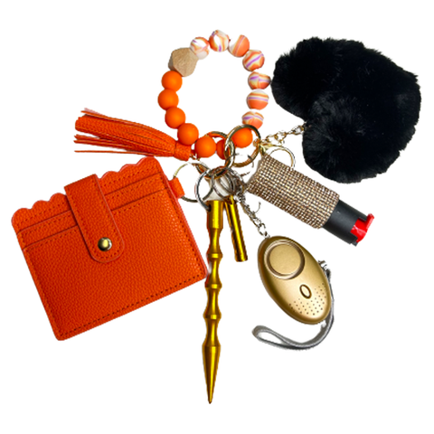 Orange Card Holder Beaded Self Defense Keychain