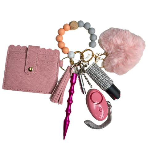 Pink Card Holder Beaded Self Defense Keychain