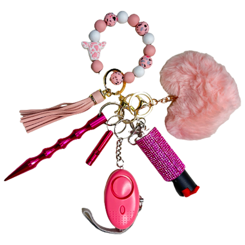 Pink Cow Beaded Self Defense Keychain