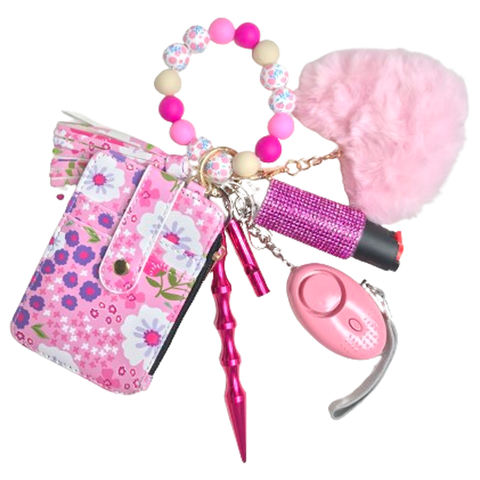Blush Pink Bloom Card Holder Beaded Self Defense Keychain