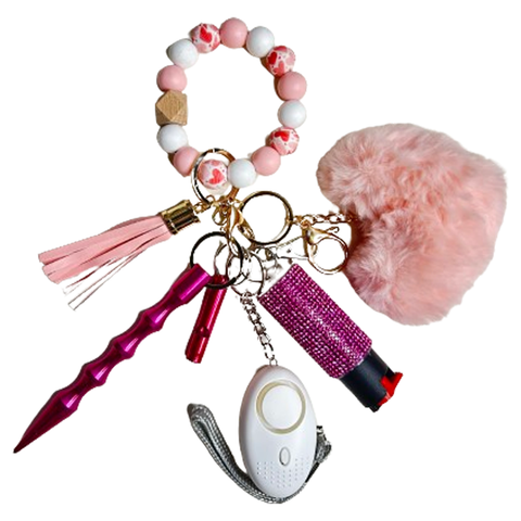 Pink Hearts Beaded Self Defense Keychain