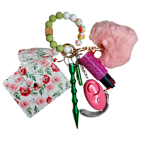 Pink Roses Card Holder Beaded Self Defense Keychain